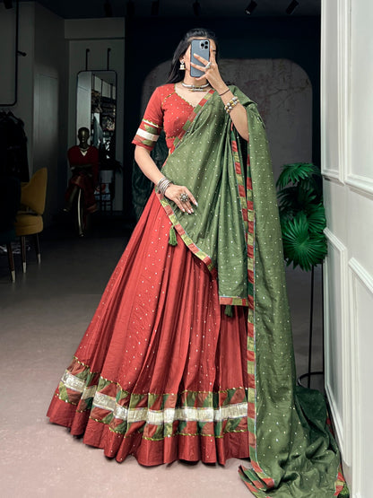 Rust Pure Faux Chanderi Traditional Multi Prints kali Navratri Lehenga Choli