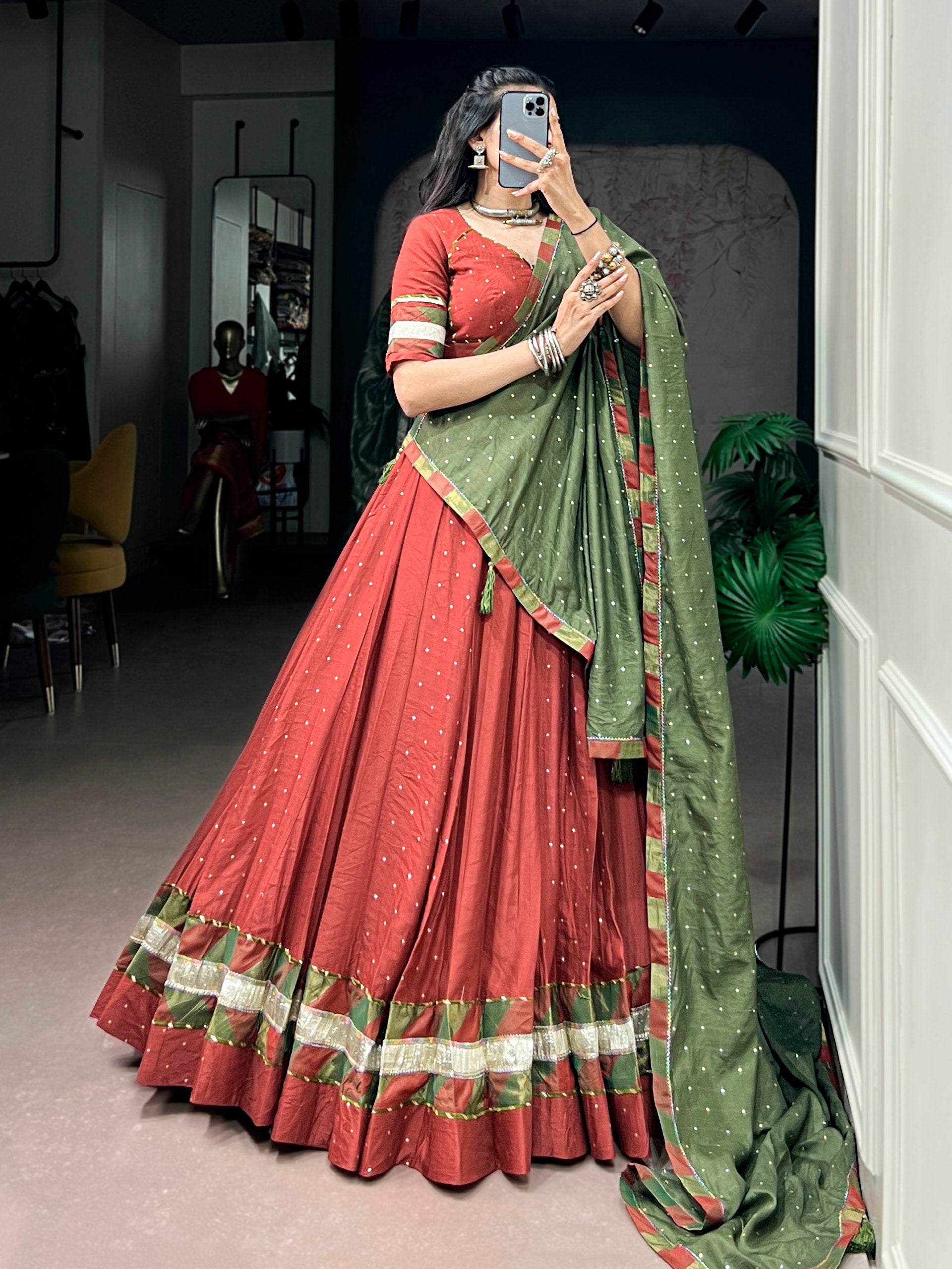 Rust Pure Faux Chanderi Traditional Multi Prints kali Navratri Lehenga Choli