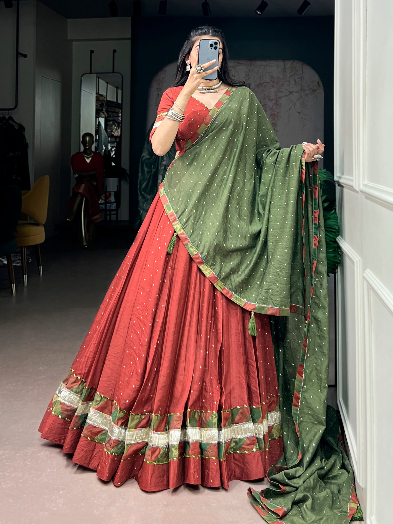 Rust Pure Faux Chanderi Traditional Multi Prints kali Navratri Lehenga Choli