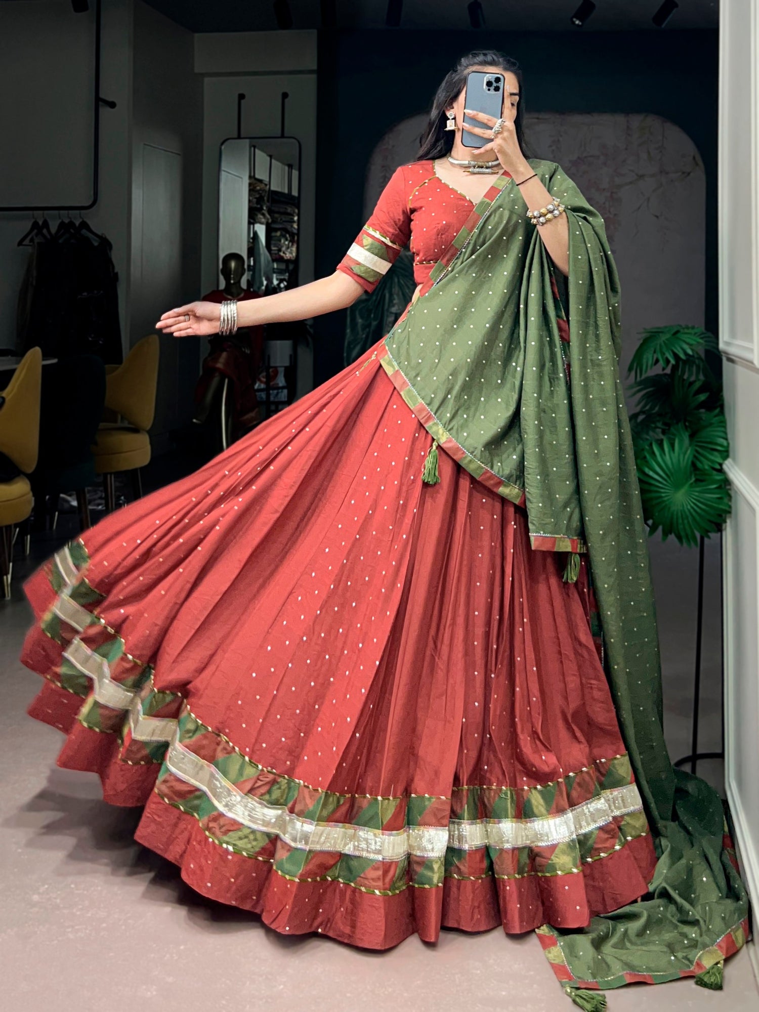 Rust Pure Faux Chanderi Traditional Multi Prints kali Navratri Lehenga Choli