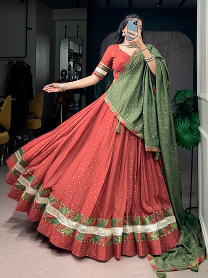 Rust Pure Faux Chanderi Traditional Multi Prints kali Navratri Lehenga Choli