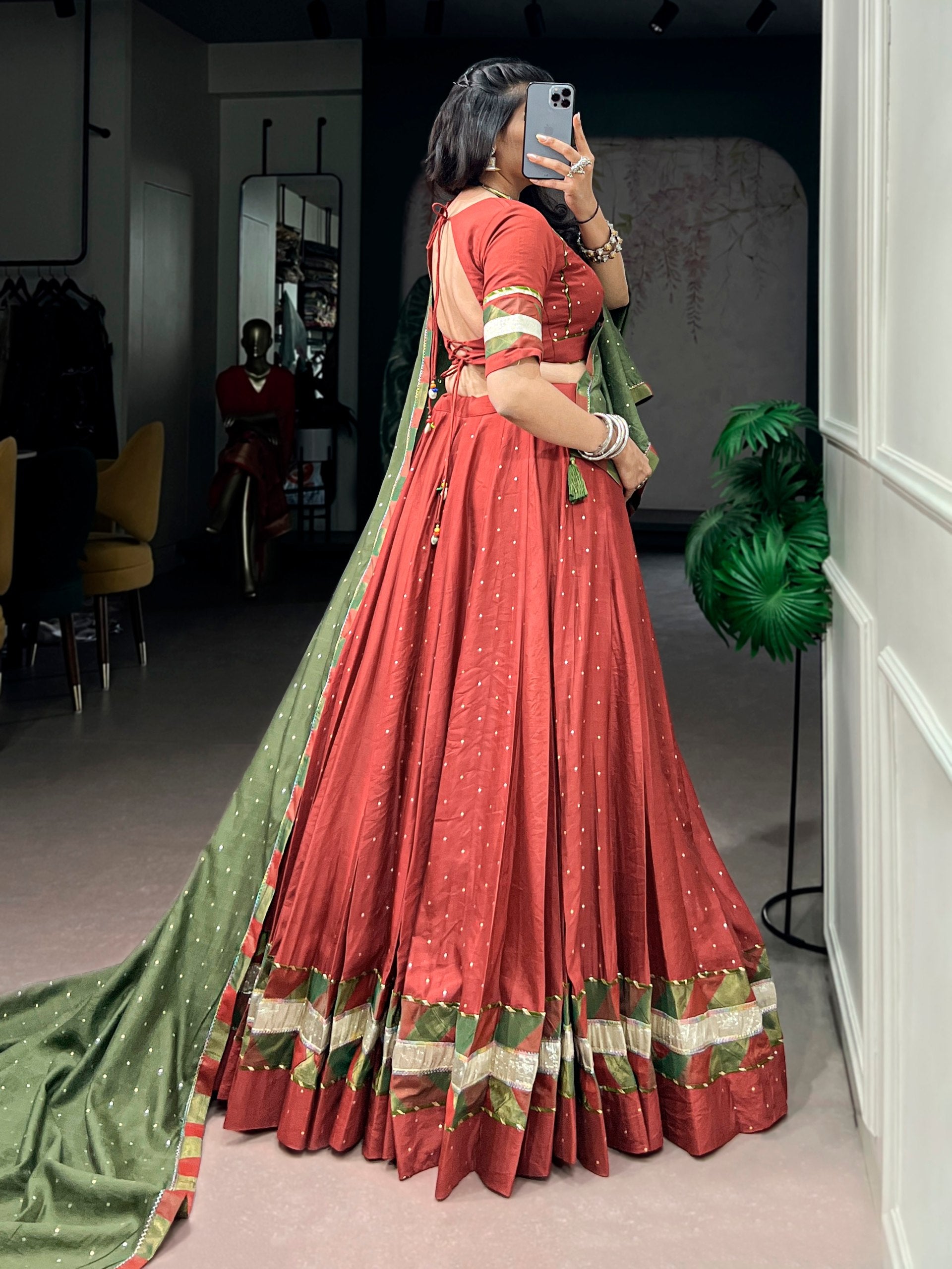 Rust Pure Faux Chanderi Traditional Multi Prints kali Navratri Lehenga Choli