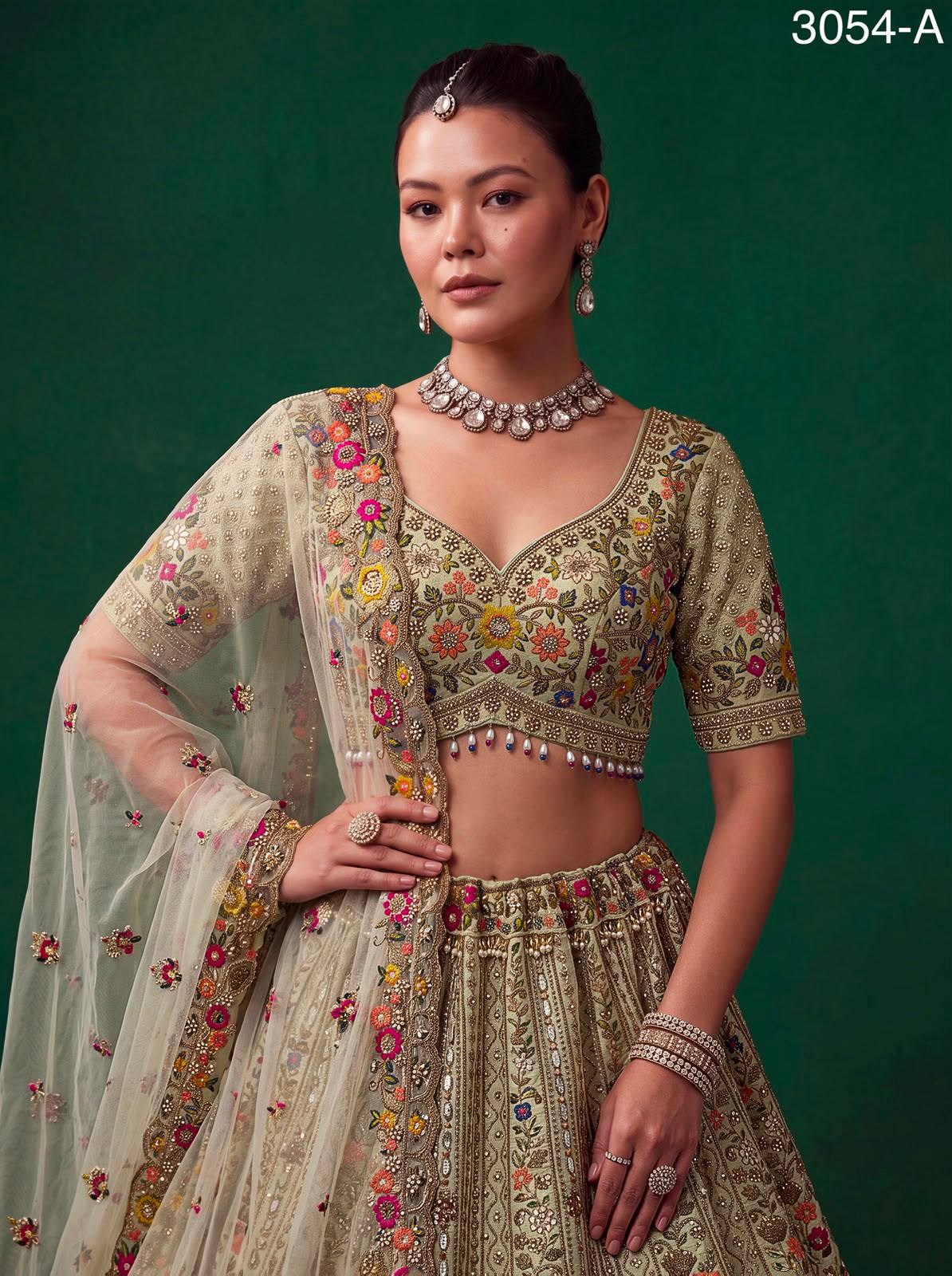 Pista Pure Gadhwal Silk Thread Embroidery Crystal &amp; Pearl Hand Sequins Bridal Lehenga Choli