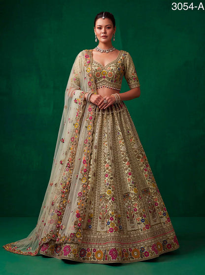 Pista Pure Gadhwal Silk Thread Embroidery Crystal &amp; Pearl Hand Sequins Bridal Lehenga Choli