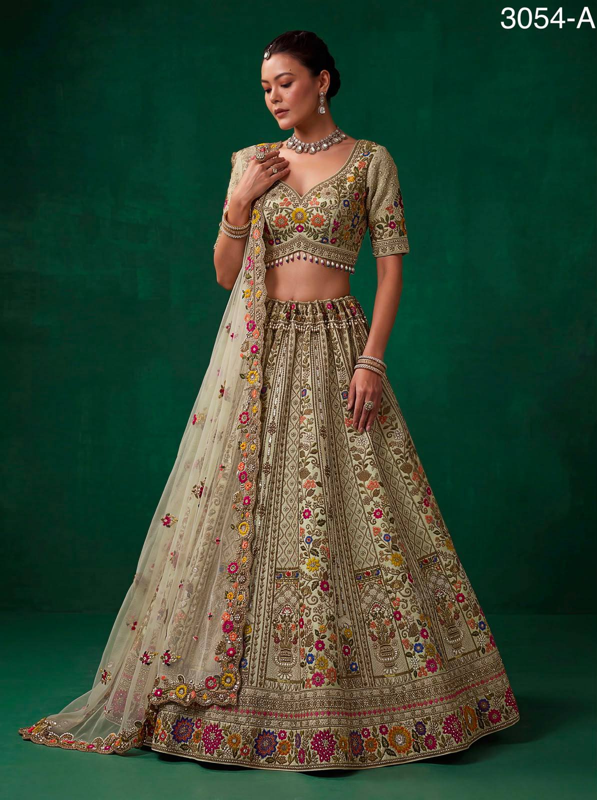 Pista Pure Gadhwal Silk Thread Embroidery Crystal &amp; Pearl Hand Sequins Bridal Lehenga Choli