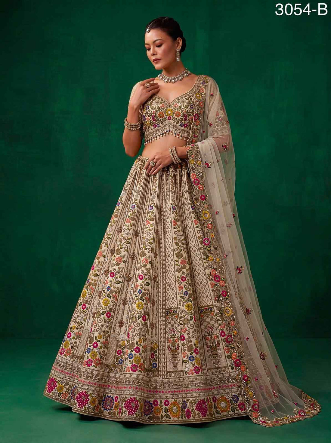 Off White Pure Gadhwal Silk Thread Embroidery Crystal &amp; Pearl Hand Sequins Bridal Lehenga Choli