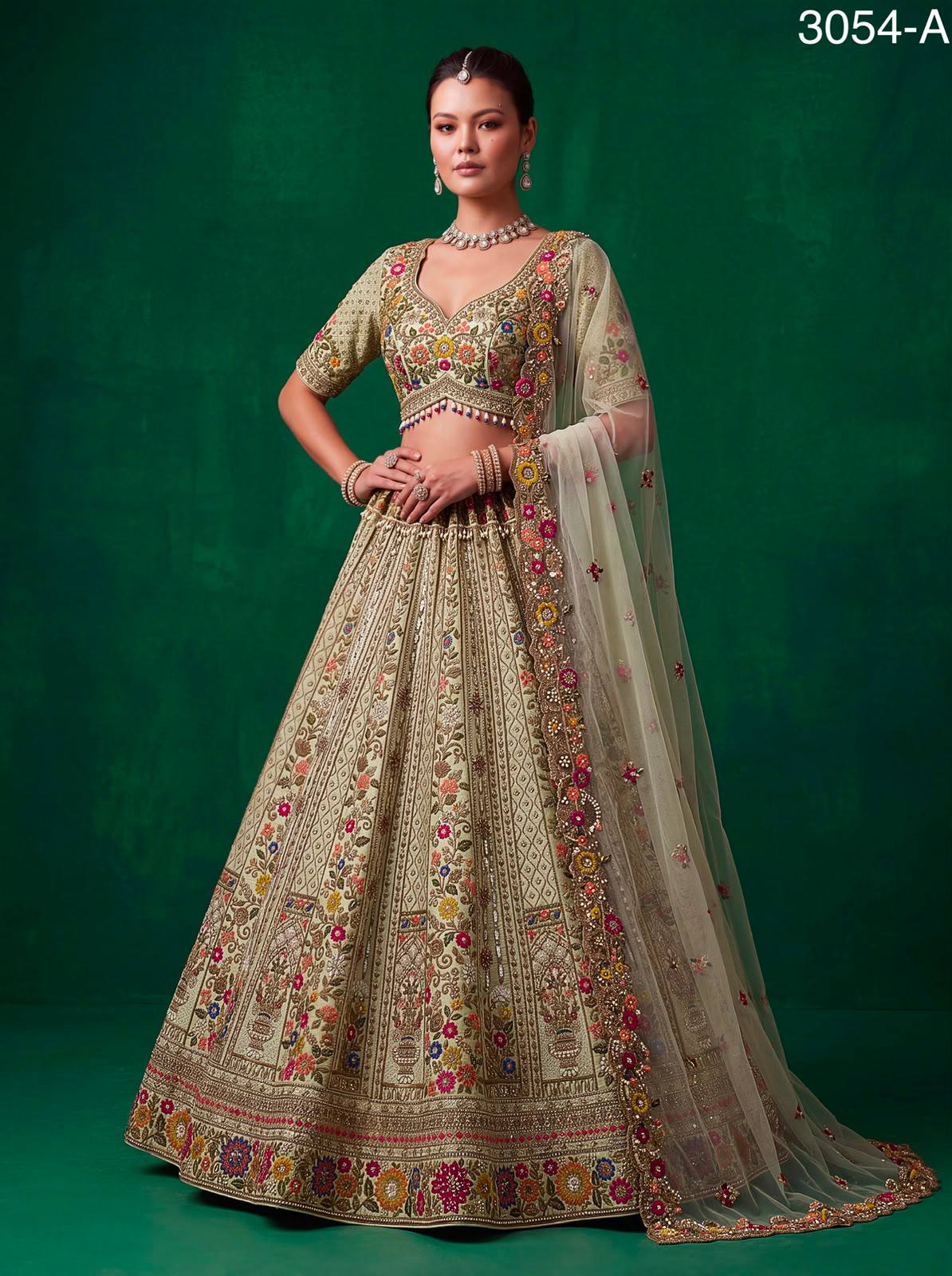Pista Pure Gadhwal Silk Thread Embroidery Crystal &amp; Pearl Hand Sequins Bridal Lehenga Choli