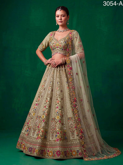 Pista Pure Gadhwal Silk Thread Embroidery Crystal &amp; Pearl Hand Sequins Bridal Lehenga Choli