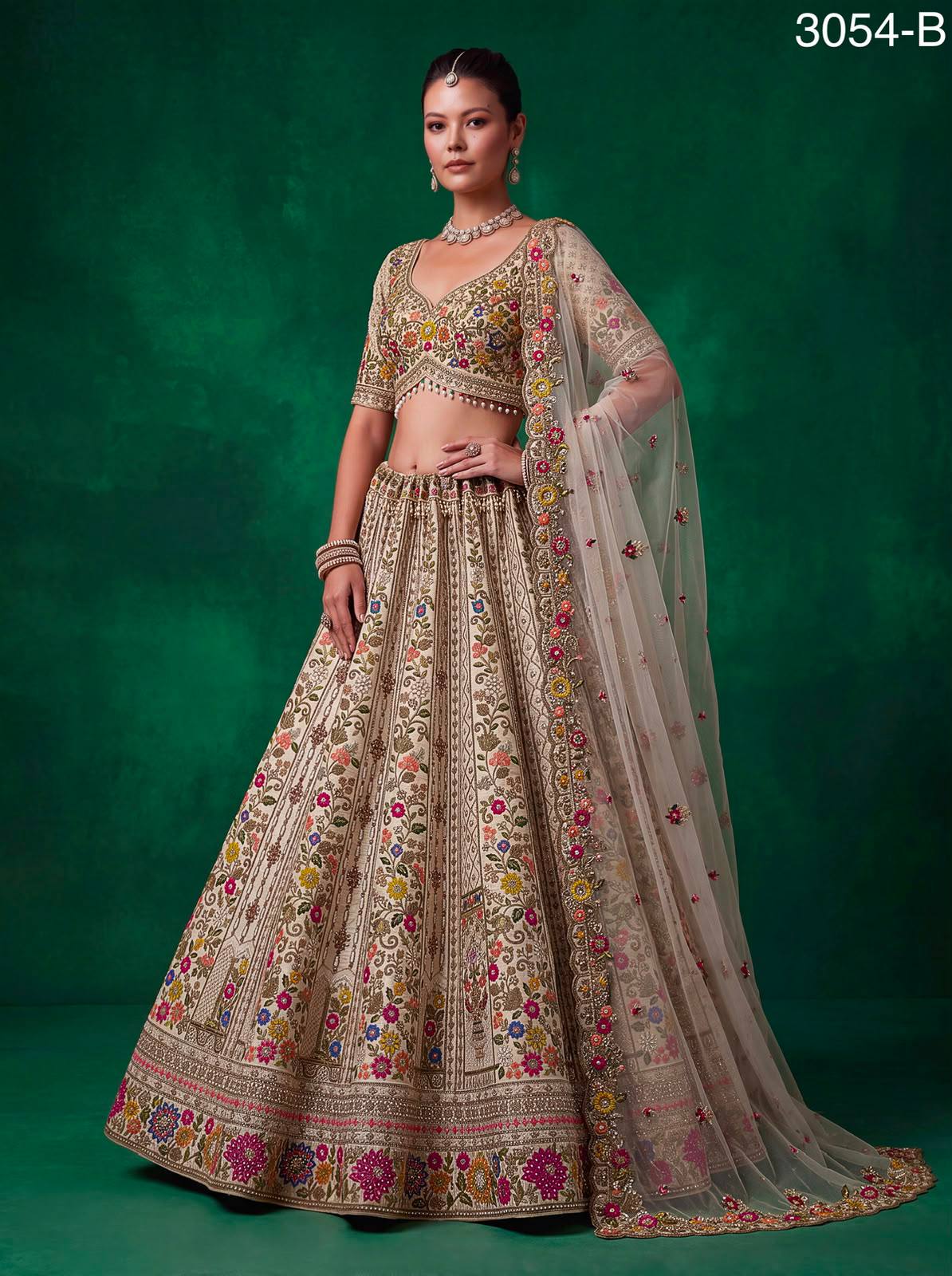 Off White Pure Gadhwal Silk Thread Embroidery Crystal &amp; Pearl Hand Sequins Bridal Lehenga Choli