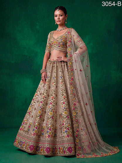 Off White Pure Gadhwal Silk Thread Embroidery Crystal &amp; Pearl Hand Sequins Bridal Lehenga Choli
