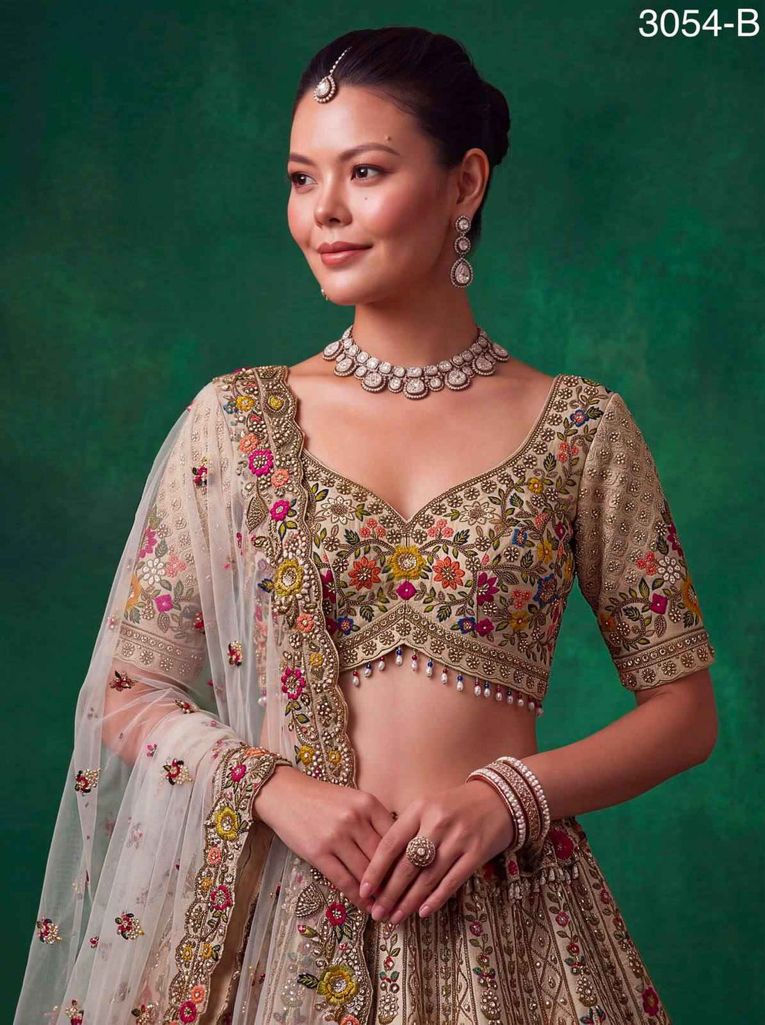 Off White Pure Gadhwal Silk Thread Embroidery Crystal &amp; Pearl Hand Sequins Bridal Lehenga Choli