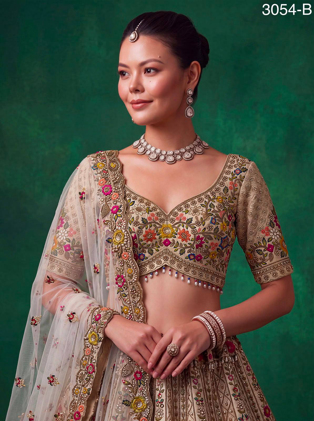 Off White Pure Gadhwal Silk Thread Embroidery Crystal &amp; Pearl Hand Sequins Bridal Lehenga Choli