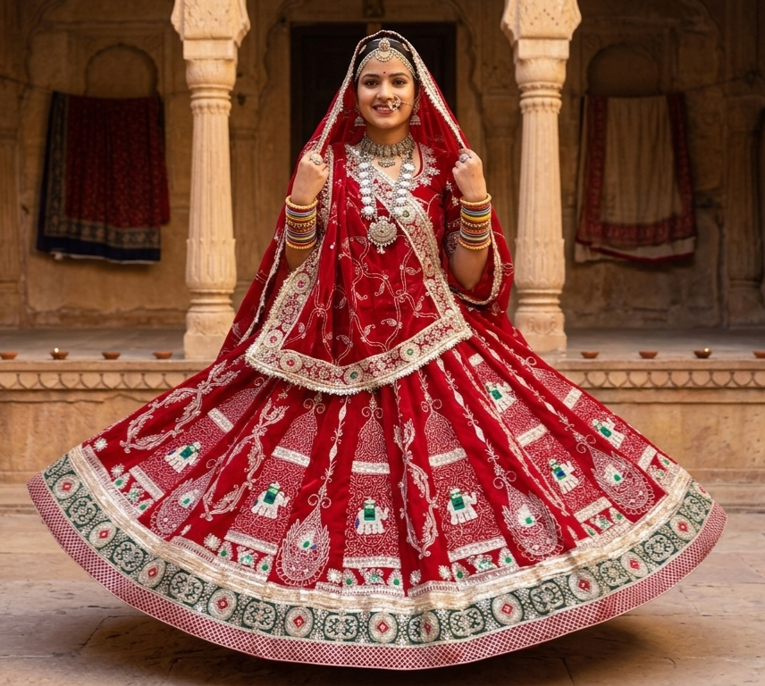 Rani Pink Pure Georgette Lahariya Print 05 Mte Flair With Gotta Patti Rajasthani Rajputi Lehenga Choli