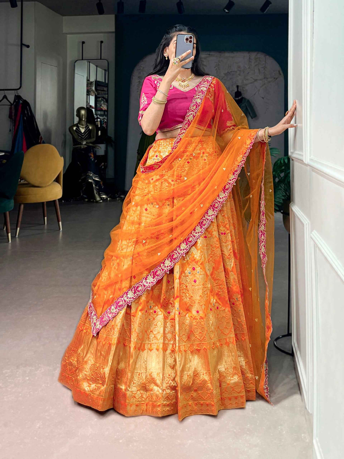 Orange Pure Soft Jacquard Silk Zari Woven Zari Lehenga Choli