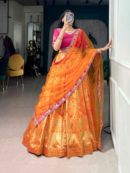 Orange Pure Soft Jacquard Silk Zari Woven Zari Lehenga Choli