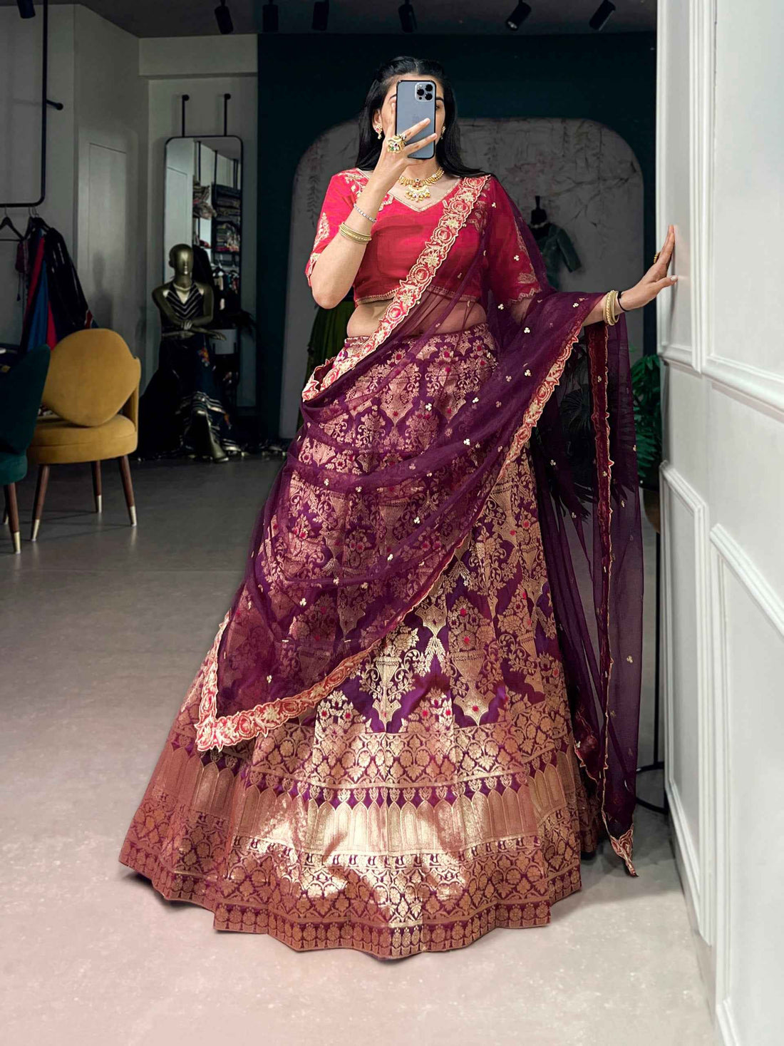 Wine Pure Soft Jacquard Silk Zari Woven Zari Lehenga Choli