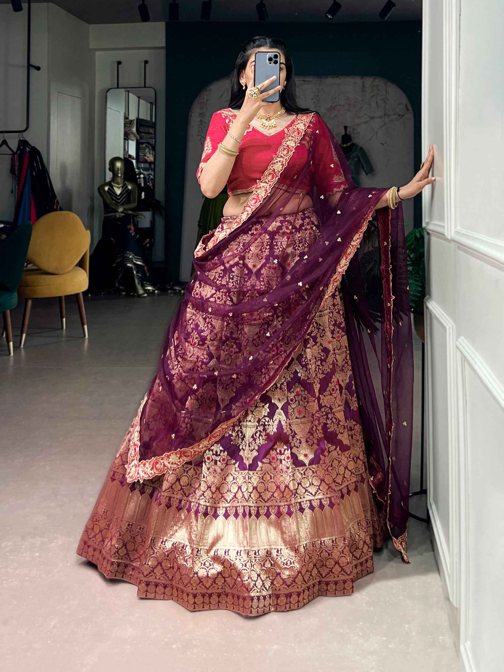 Wine Pure Soft Jacquard Silk Zari Woven Zari Lehenga Choli