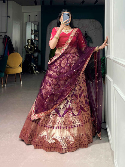 Wine Pure Soft Jacquard Silk Zari Woven Zari Lehenga Choli
