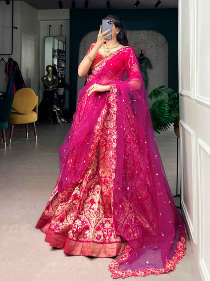 Pink Pure Soft Jacquard Silk Zari Woven Zari Lehenga Choli