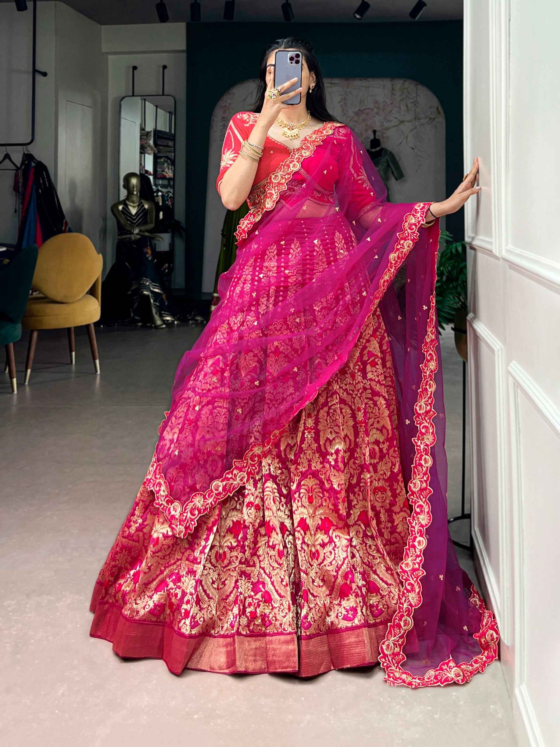 Pink Pure Soft Jacquard Silk Zari Woven Zari Lehenga Choli