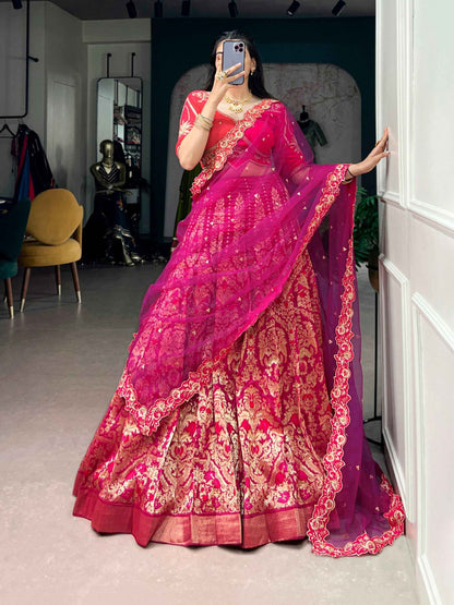 Pink Pure Soft Jacquard Silk Zari Woven Zari Lehenga Choli