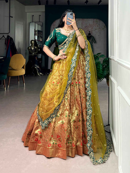 Green Pure Soft Jacquard Silk Zari Woven Zari Lehenga Choli