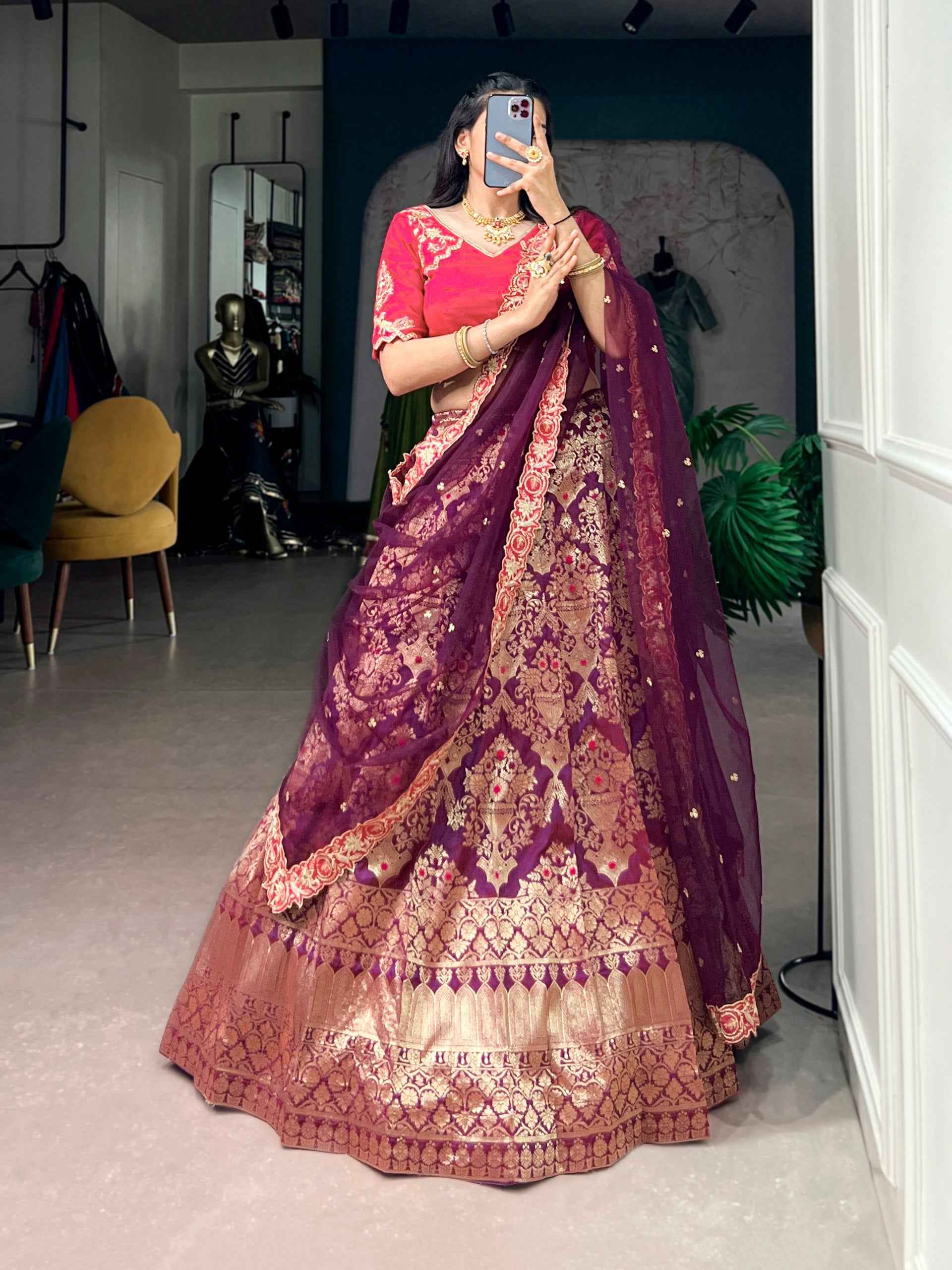 Wine Pure Soft Jacquard Silk Zari Woven Zari Lehenga Choli