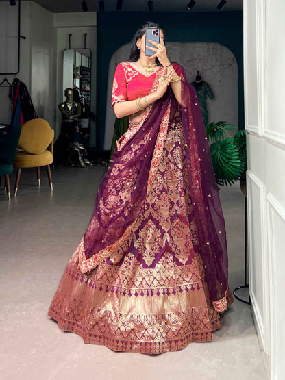 Wine Pure Soft Jacquard Silk Zari Woven Zari Lehenga Choli