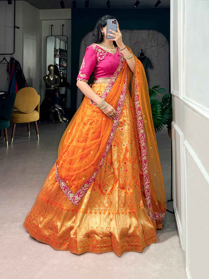 Orange Pure Soft Jacquard Silk Zari Woven Zari Lehenga Choli