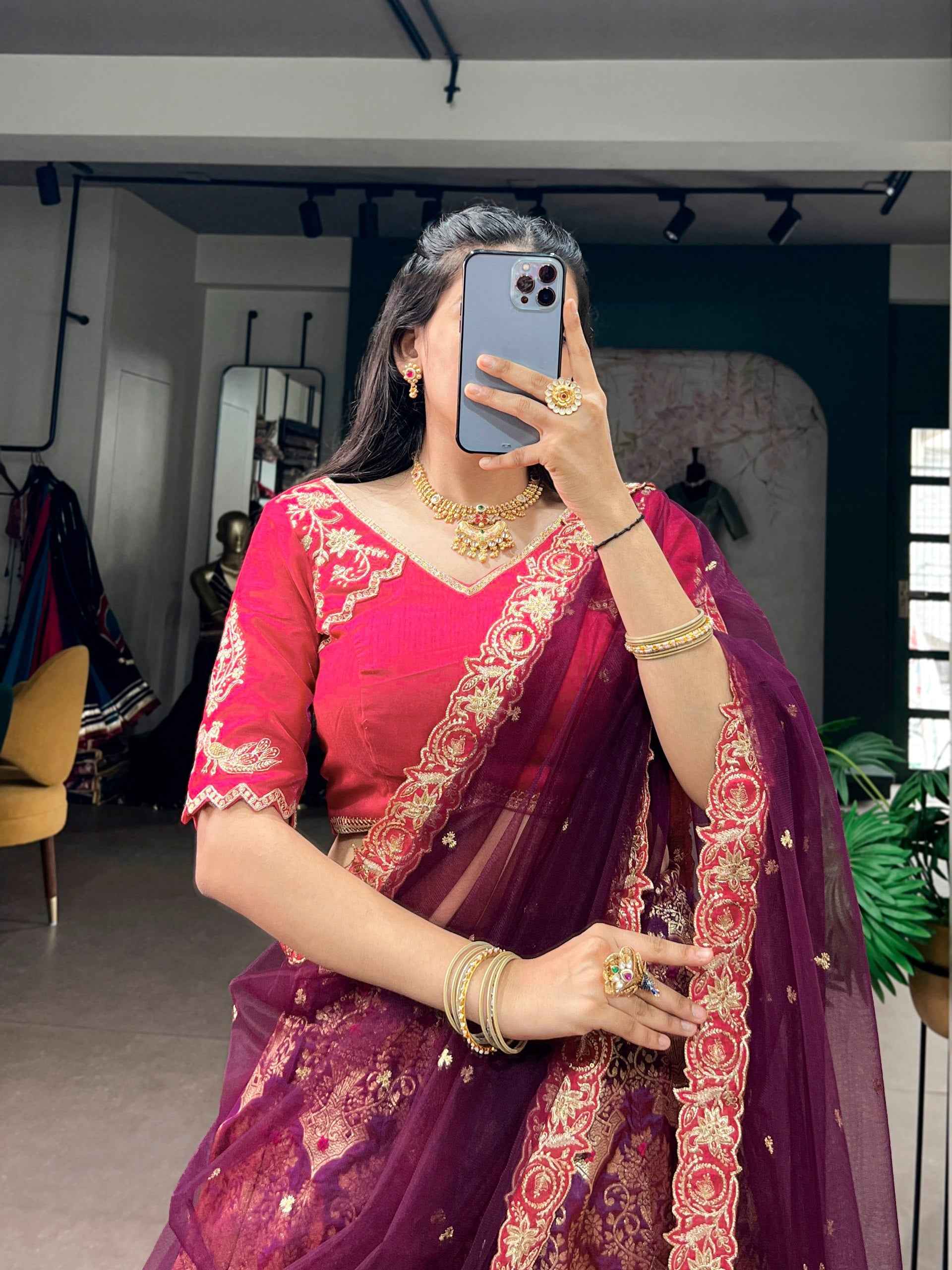 Wine Pure Soft Jacquard Silk Zari Woven Zari Lehenga Choli