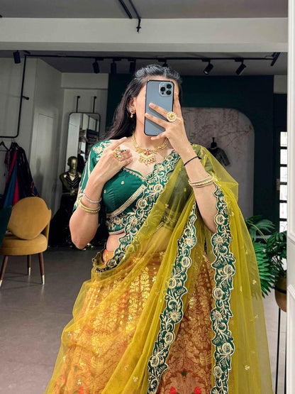 Green Pure Soft Jacquard Silk Zari Woven Zari Lehenga Choli