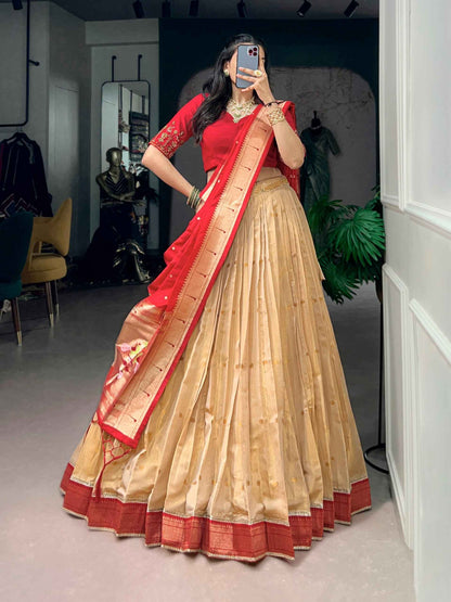 Red Pure Kanchipuram Silk With Zari Weaving Work Paithani Lehenga Choli