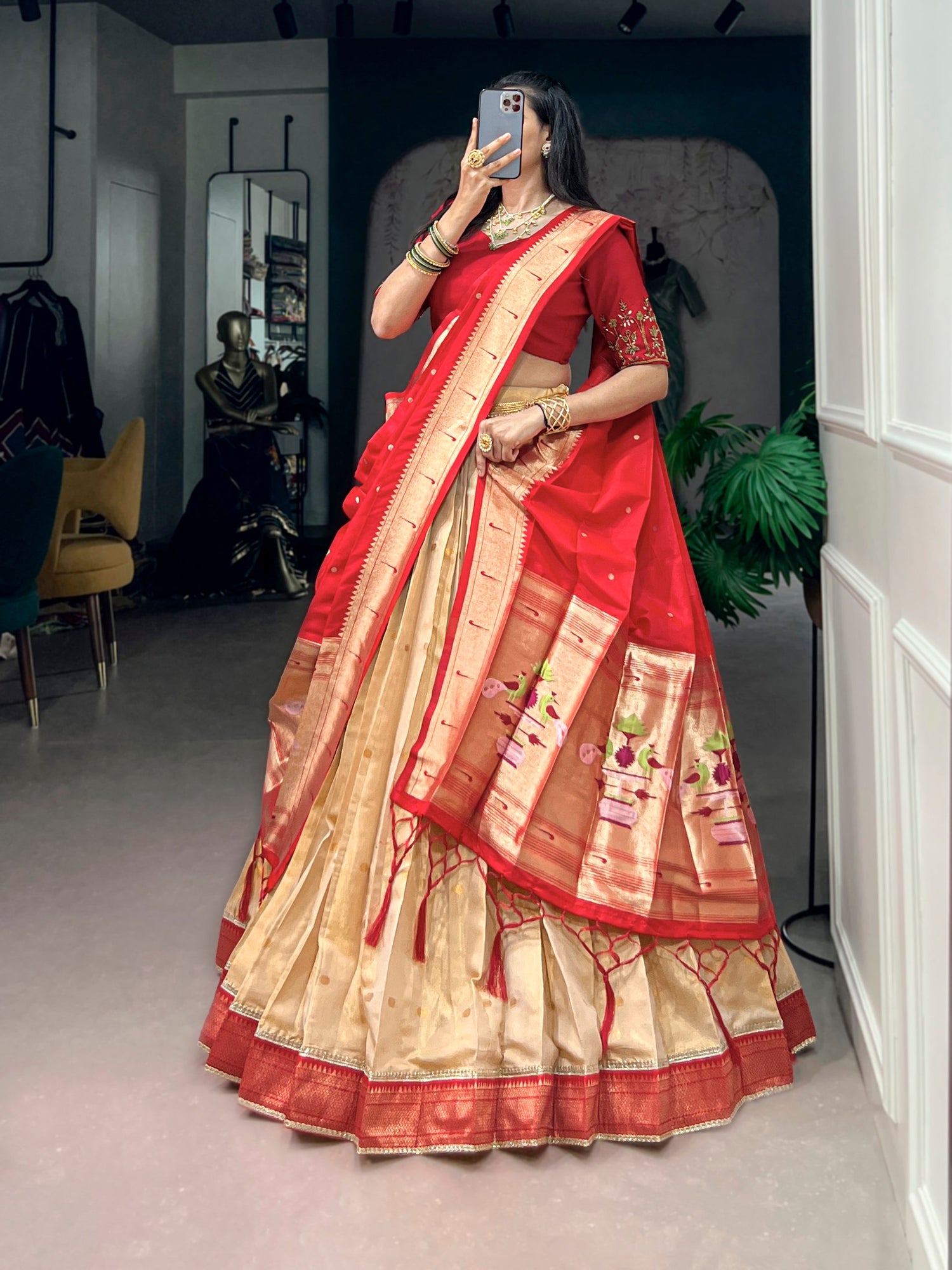 Red Pure Kanchipuram Silk With Zari Weaving Work Paithani Lehenga Choli