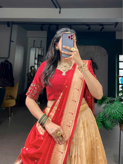 Red Pure Kanchipuram Silk With Zari Weaving Work Paithani Lehenga Choli