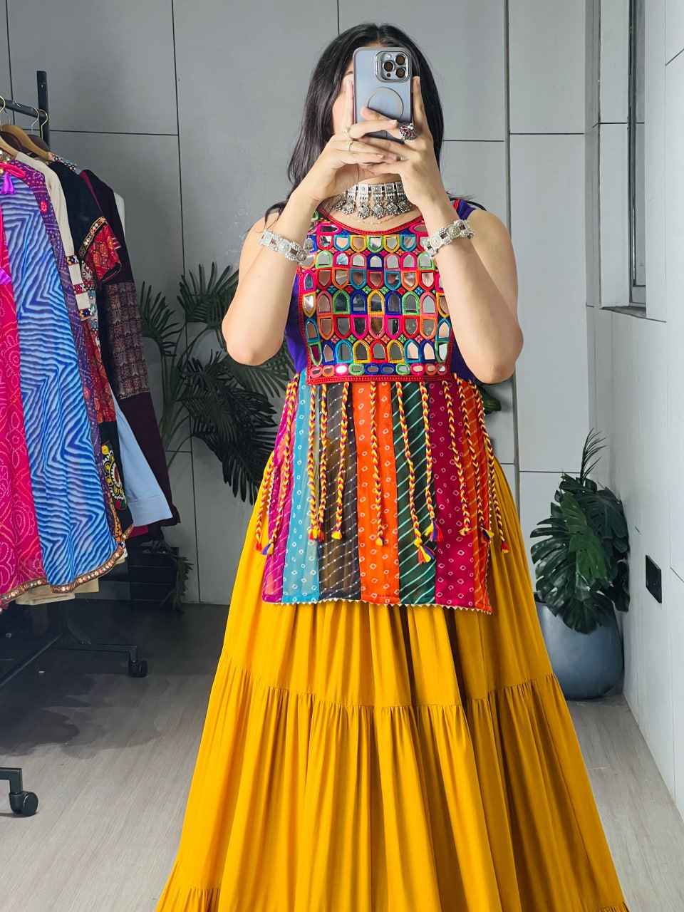 Mustard Pure Reyon Cotton Mustard Frilled Flairy Navratri Lehenga Choli