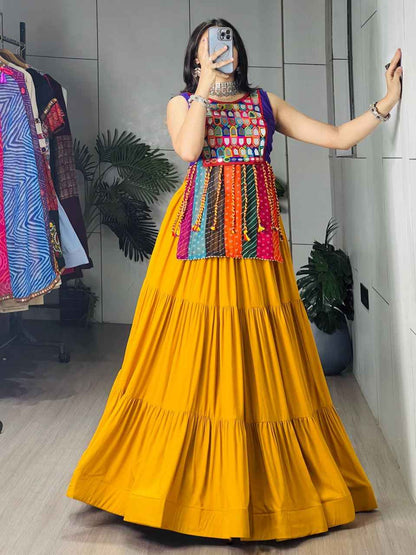 Mustard Pure Reyon Cotton Mustard Frilled Flairy Navratri Lehenga Choli