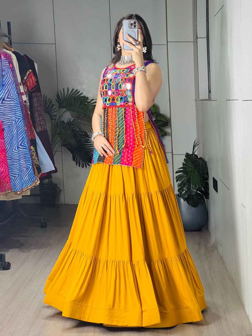 Mustard Pure Reyon Cotton Mustard Frilled Flairy Navratri Lehenga Choli