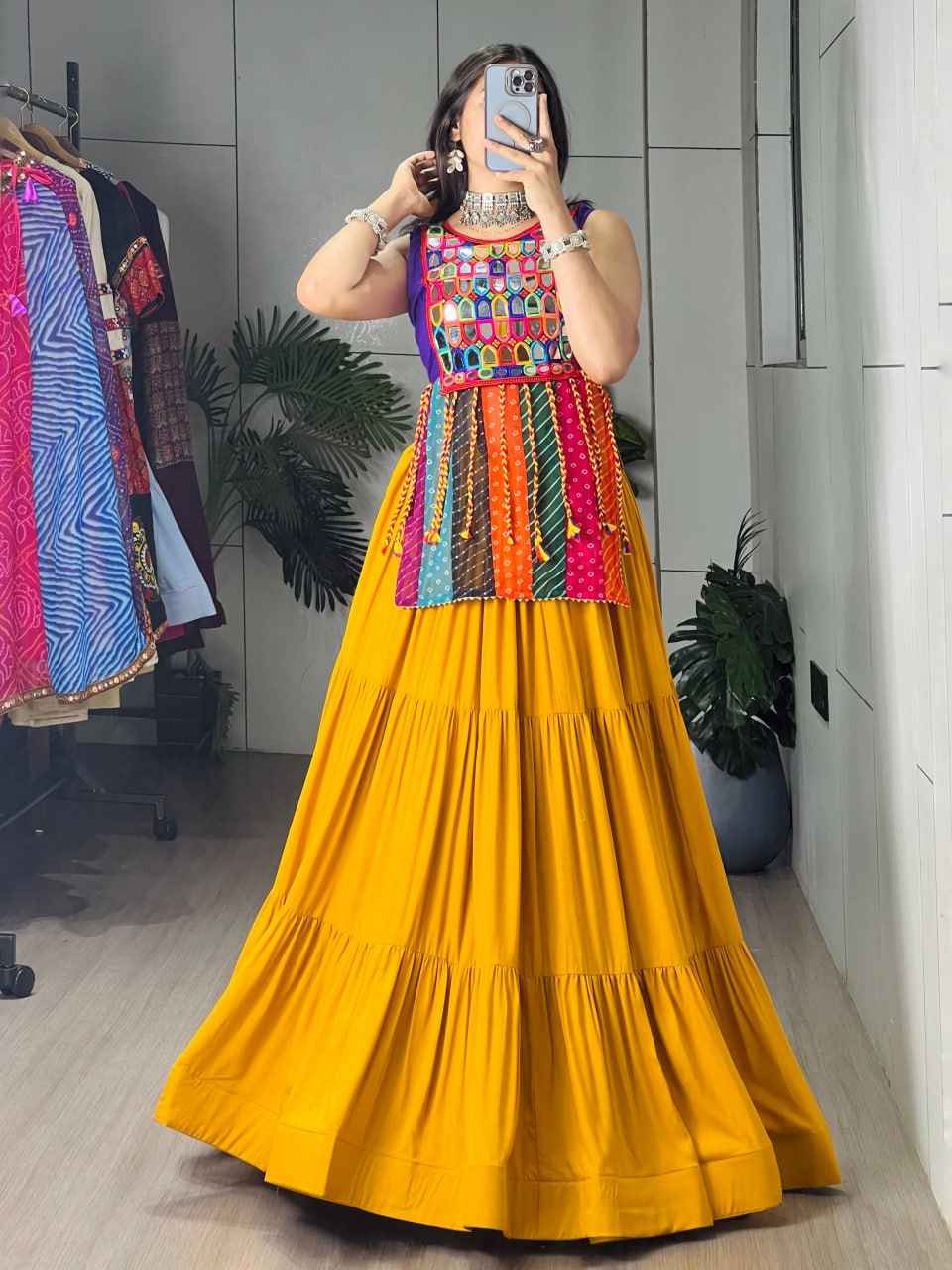Mustard Pure Reyon Cotton Mustard Frilled Flairy Navratri Lehenga Choli