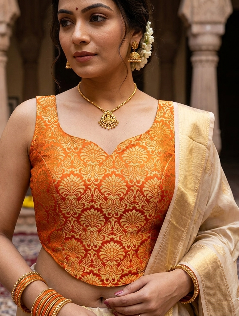 Orange Pure Heavy King Khab Banarasi With Tricot Fuising Blouse