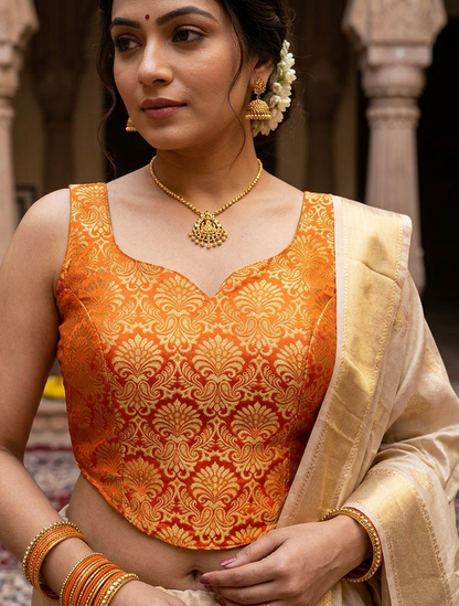 Orange Pure Heavy King Khab Banarasi With Tricot Fuising Blouse