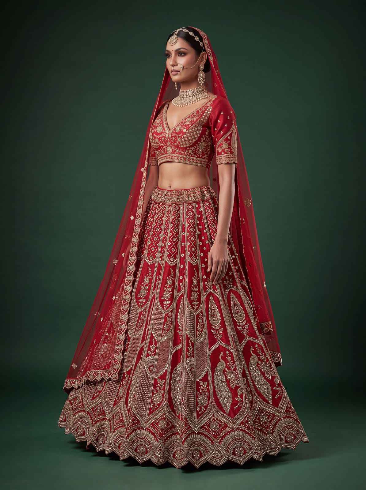 Red Pure Silk Tatamie Zari Dori Embroidery Metalic Sequins Hand Work Bridal Lehenga Choli
