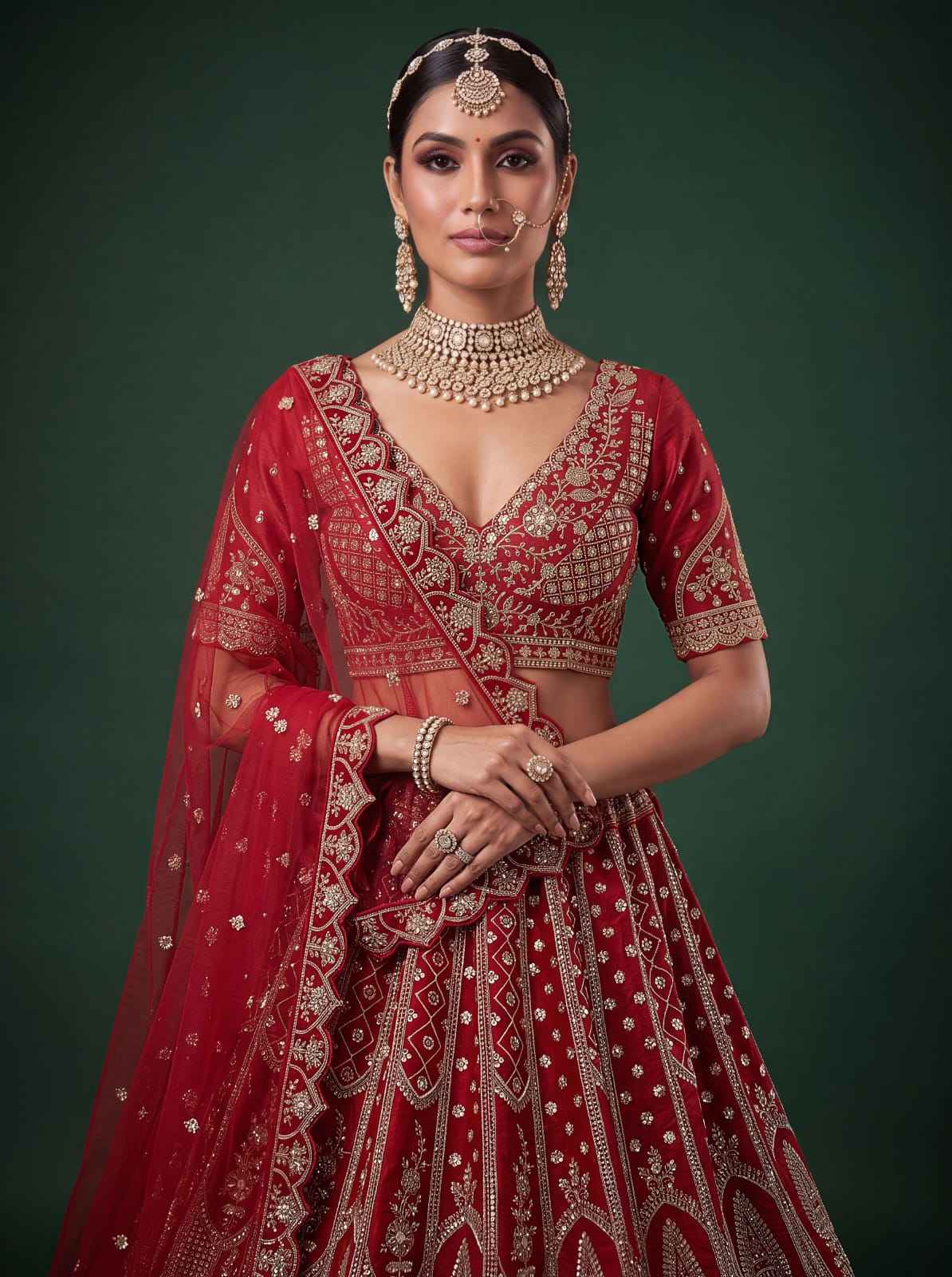 Red Pure Silk Tatamie Zari Dori Embroidery Metalic Sequins Hand Work Bridal Lehenga Choli