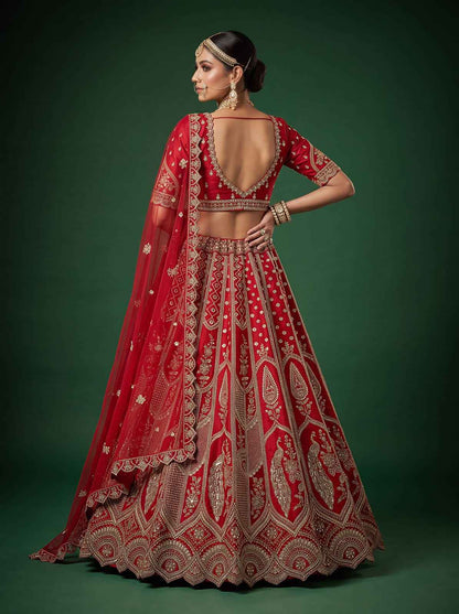 Red Pure Silk Tatamie Zari Dori Embroidery Metalic Sequins Hand Work Bridal Lehenga Choli