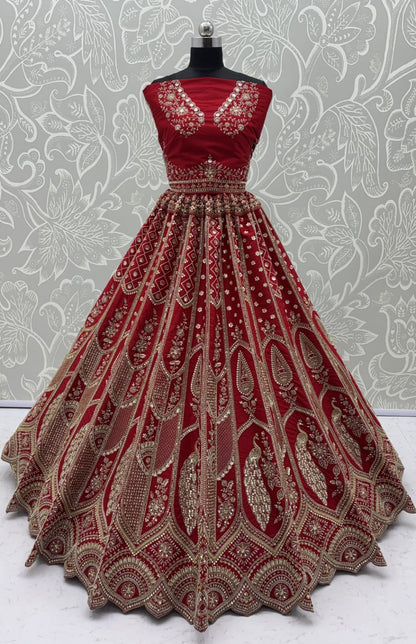 Red Pure Silk Tatamie Zari Dori Embroidery Metalic Sequins Hand Work Bridal Lehenga Choli