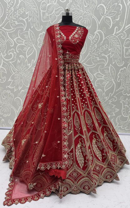 Red Pure Silk Tatamie Zari Dori Embroidery Metalic Sequins Hand Work Bridal Lehenga Choli