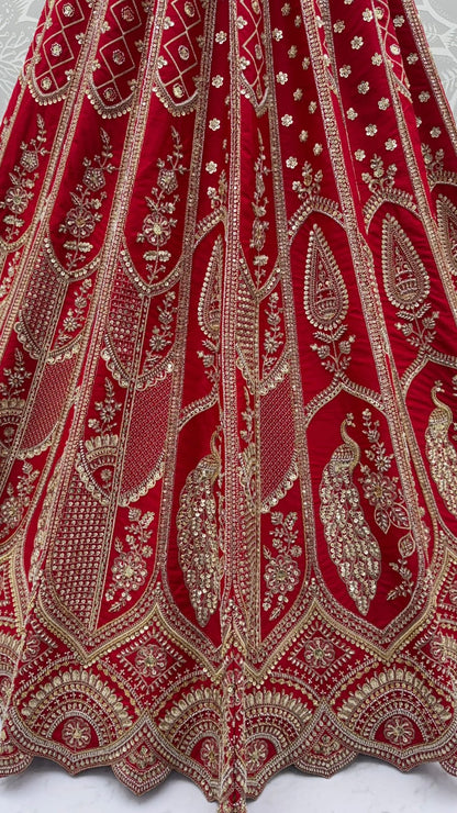 Red Pure Silk Tatamie Zari Dori Embroidery Metalic Sequins Hand Work Bridal Lehenga Choli