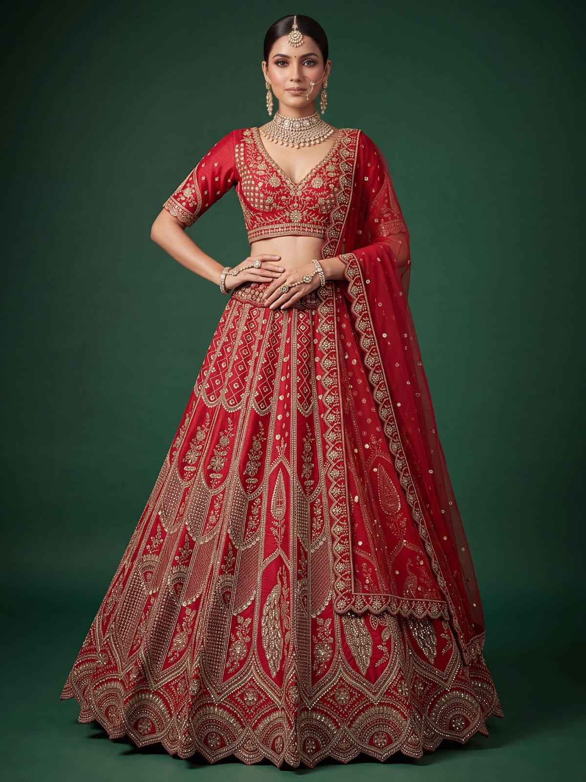 Red Pure Silk Tatamie Zari Dori Embroidery Metalic Sequins Hand Work Bridal Lehenga Choli