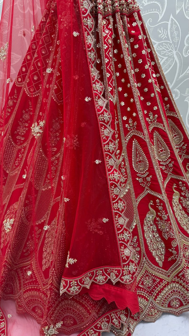 Red Pure Silk Tatamie Zari Dori Embroidery Metalic Sequins Hand Work Bridal Lehenga Choli