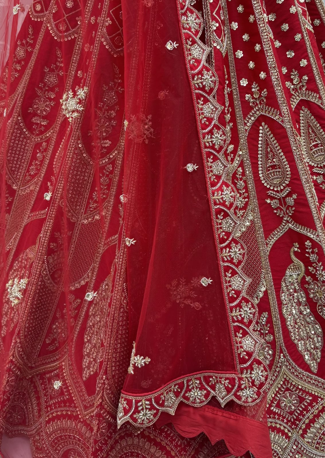 Red Pure Silk Tatamie Zari Dori Embroidery Metalic Sequins Hand Work Bridal Lehenga Choli