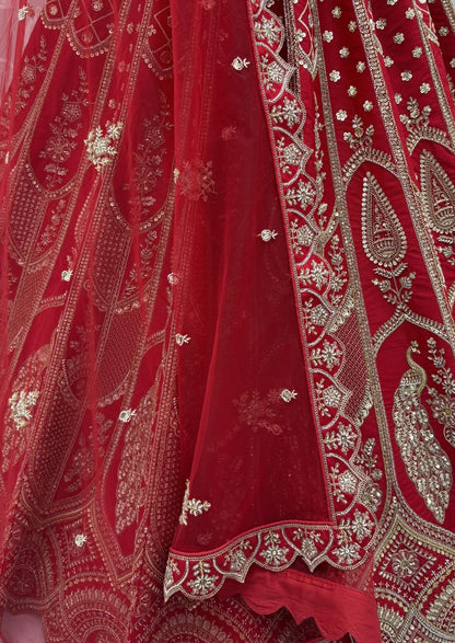 Red Pure Silk Tatamie Zari Dori Embroidery Metalic Sequins Hand Work Bridal Lehenga Choli